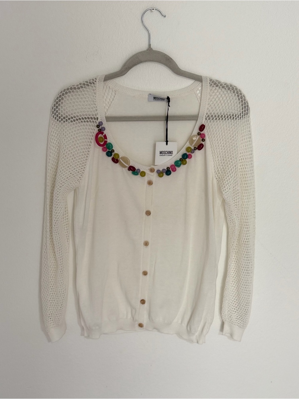 Moschino Cream Cardigan with Multicolor Bead Neckline